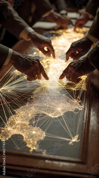 Obraz Elder Hands Charting the Future on a Luminous Networked Map of Britain.