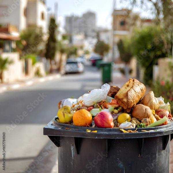 Obraz A Mountain of Food Waste: Discarded Groceries Overflowing from a Bin on a City Street.