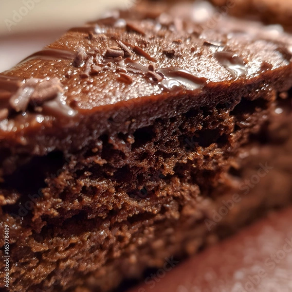 Obraz Intimate Macro View of a Moist Chocolate Cake with Glossy Ganache and Sprinkles.