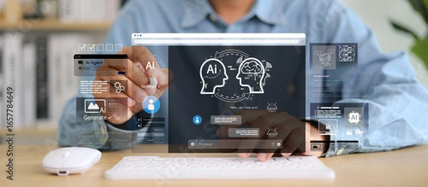 Fototapeta Chat with AI or Artificial Intelligence. Young businessman chatting with a smart AI or artificial intelligence using an artificial intelligence chatbot developed by OpenAI.