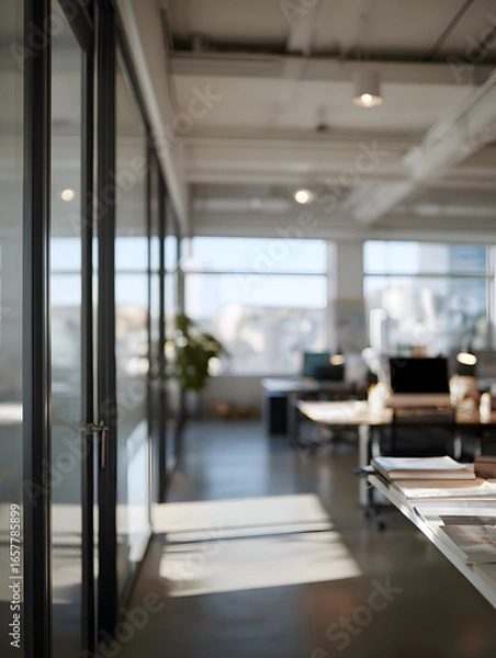 Obraz Morning Light Through Glass Walls of a Serene Empty Modern Office.