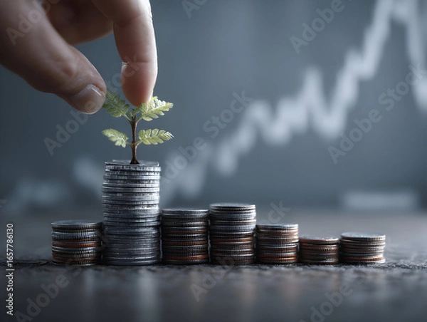 Obraz Cultivating Wealth: Hand Planting a Sapling on Ascending Coin Stacks.