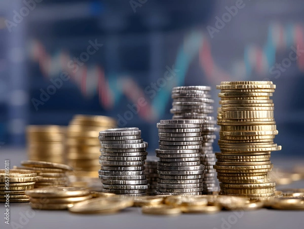 Obraz Golden and Silver Coin Towers Charting Growth Against a Volatile Market.