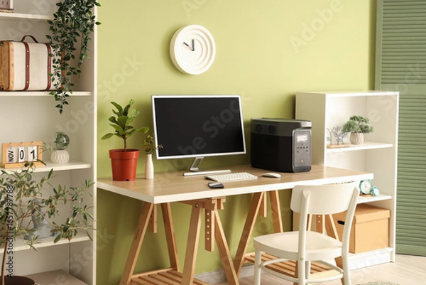 Fototapeta Interior of office with portable power station on table