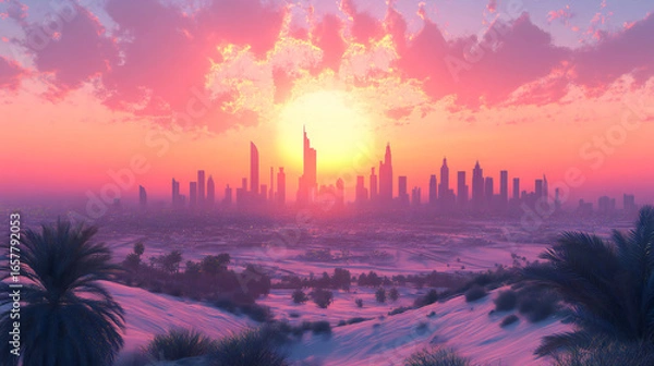 Obraz Dubai skyline in desert at sunset