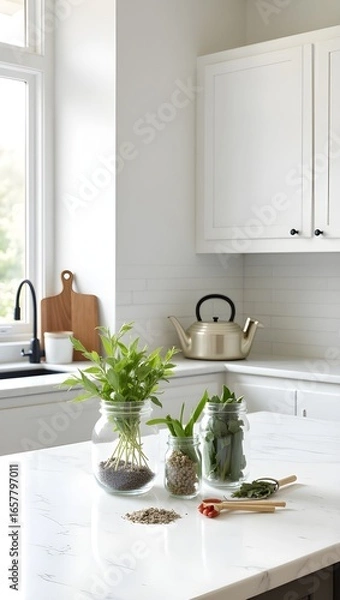 Fototapeta Minimal marble kitchen counter with glass jars of herbs and scattered spices, modern culinary design