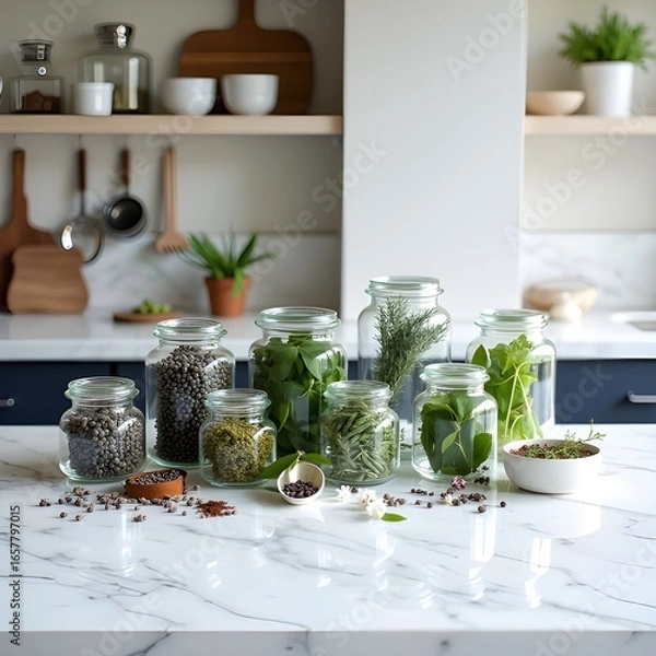 Fototapeta Minimal marble kitchen counter with glass jars of herbs and scattered spices, modern culinary design