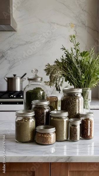 Fototapeta Minimal marble kitchen counter with glass jars of herbs and scattered spices, modern culinary design