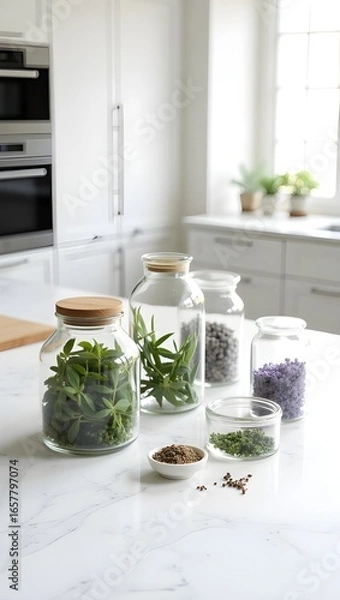 Fototapeta Minimal marble kitchen counter with glass jars of herbs and scattered spices, modern culinary design
