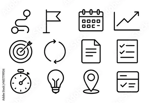 Fototapeta Roadmap Planning Icons. Outline icon set of project roadmap planning: roadmap icon, milestone flag, calendar,