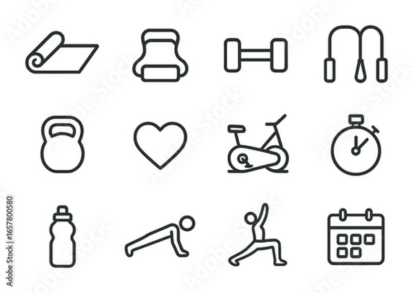 Fototapeta Home Workout Icons. Outline icon set of home workout plans: yoga mat, resistance band, dumbbell, jump rope,