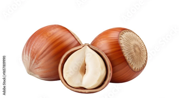 Fototapeta Isolated Three Hazelnuts with Half Cut