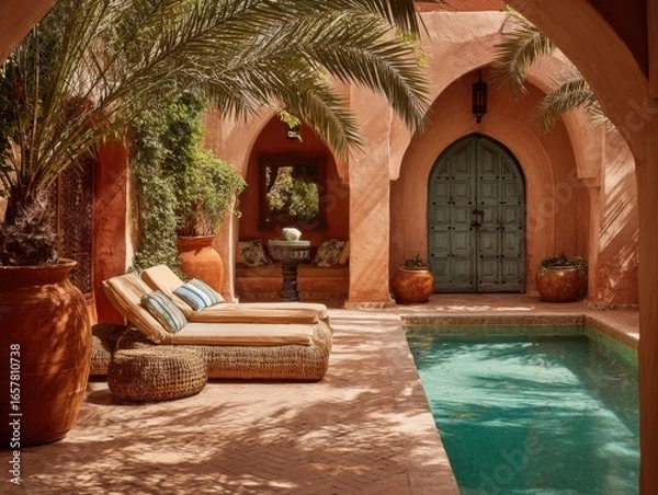 Obraz A pool with a green door and a tan patio with two lounge chairs. There are two vases on the patio