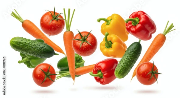 Obraz Vibrant medley of fresh vegetables on a clean white background, Showcase of colorful, healthy produce floating in a crisp, minimalist composition