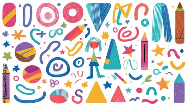 Fototapeta Crayonstyle drawings of various shapes and objects. Great for educational materials, art projects, and childrens products.