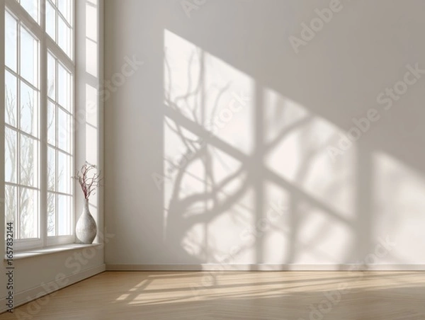 Obraz A white room with a window and a vase on a windowsill. The vase is empty