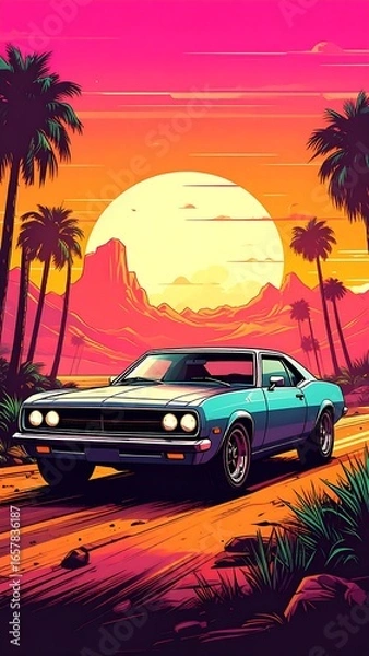 Fototapeta Retro car, sunset, desert