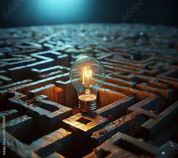 Fototapeta Glowing lightbulb in sprawling maze - metaphor of solution, solving