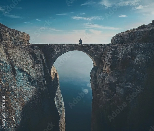Fototapeta A beautiful bridge spans a river in the middle of a canyon