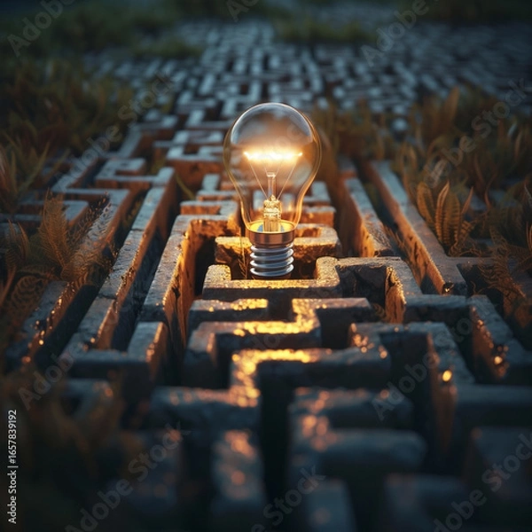 Fototapeta Illuminating Pathways A Light Bulb Set Deep in a Complex Maze of Unpredictable Turns and Walls