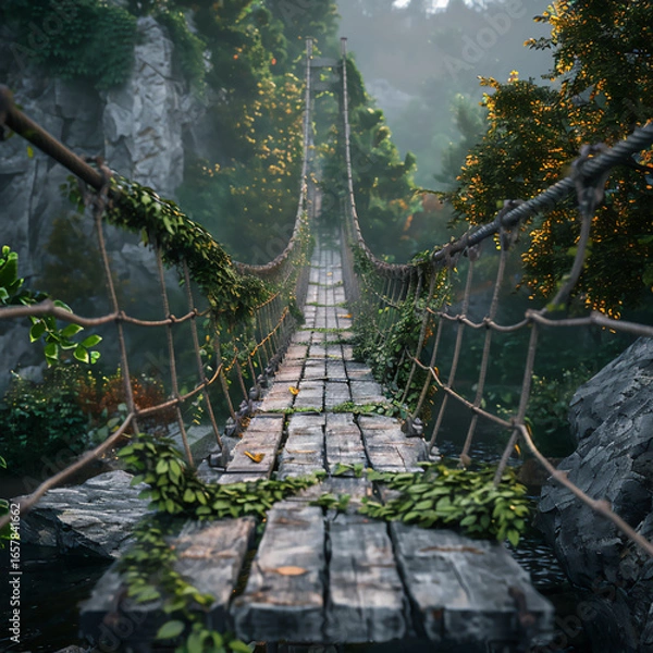 Fototapeta Wooden suspension bridge with ivy vines, light at the end