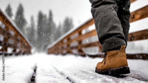 Fototapeta A person walking on a snowy wooden bridge in a winter landscape, surrounded by falling snowflakes