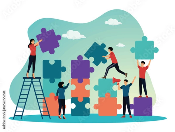 Obraz Business concept. Team collaborative Stacking Puzzle Blocks.