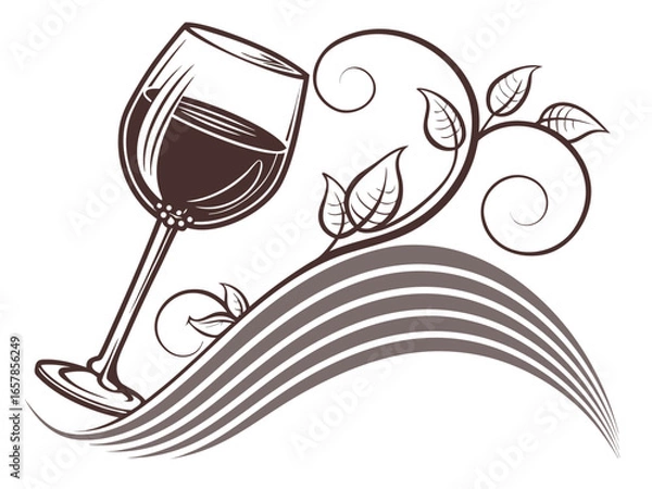 Fototapeta Elegant Black and White Wine Glass with Grapes and Vines , A stylized, black and white graphic of a wine glass surrounded by grape vines and swirls. 