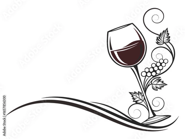 Fototapeta Elegant Black and White Wine Glass with Grapes and Vines , A stylized, black and white graphic of a wine glass surrounded by grape vines and swirls. 