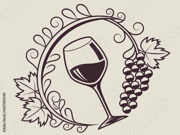 Fototapeta Elegant Black and White Wine Glass with Grapes and Vines , A stylized, black and white graphic of a wine glass surrounded by grape vines and swirls. 
