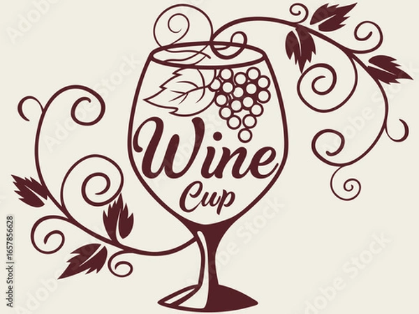 Fototapeta Elegant Black and White Wine Glass with Grapes and Vines , A stylized, black and white graphic of a wine glass surrounded by grape vines and swirls. 