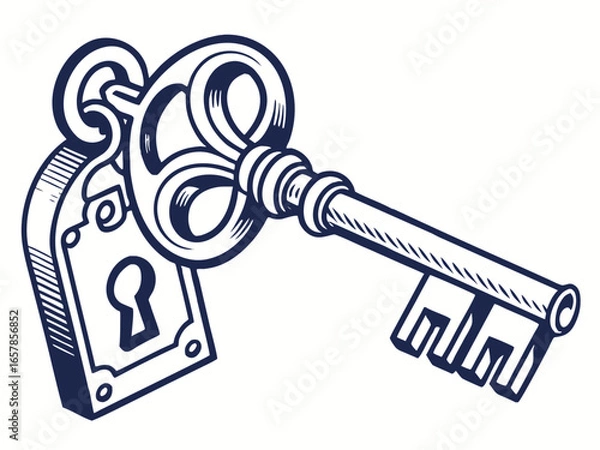 Fototapeta Vintage Key and Padlock, a symbol of security and secrets. A stylized, graphic illustration of an antique key and padlock, evoking a sense of security, secrecy, and history.