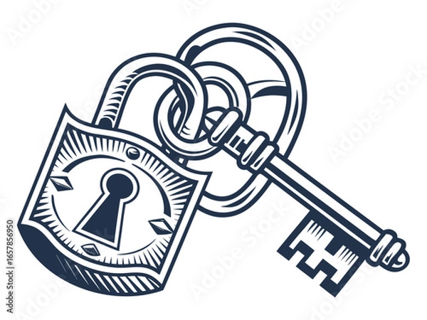 Fototapeta Vintage Key and Padlock, a symbol of security and secrets. A stylized, graphic illustration of an antique key and padlock, evoking a sense of security, secrecy, and history.