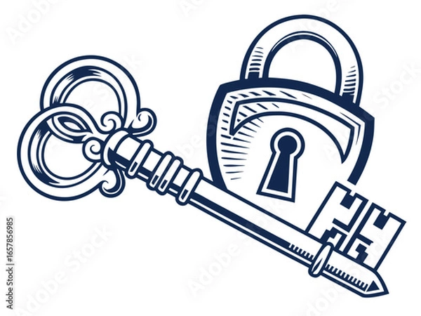 Fototapeta Vintage Key and Padlock, a symbol of security and secrets. A stylized, graphic illustration of an antique key and padlock, evoking a sense of security, secrecy, and history.