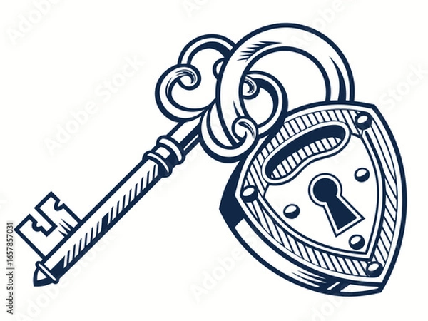 Fototapeta Vintage Key and Padlock, a symbol of security and secrets. A stylized, graphic illustration of an antique key and padlock, evoking a sense of security, secrecy, and history.