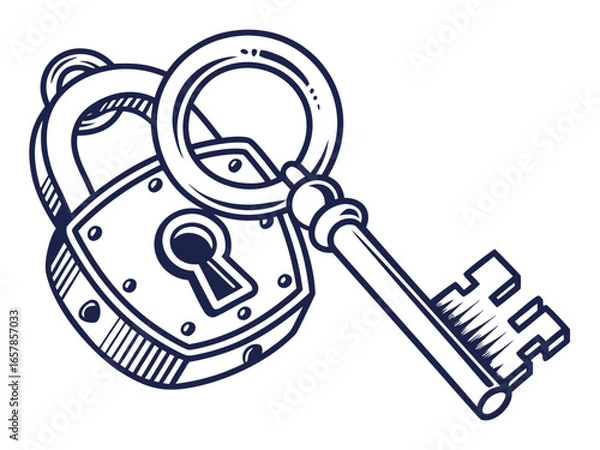 Fototapeta Vintage Key and Padlock, a symbol of security and secrets. A stylized, graphic illustration of an antique key and padlock, evoking a sense of security, secrecy, and history.