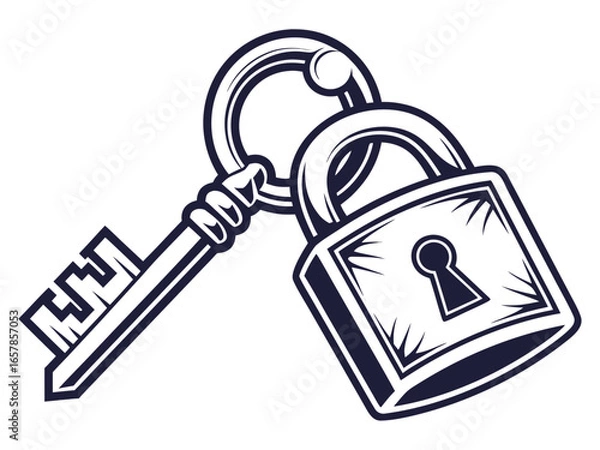 Fototapeta Vintage Key and Padlock, a symbol of security and secrets. A stylized, graphic illustration of an antique key and padlock, evoking a sense of security, secrecy, and history.