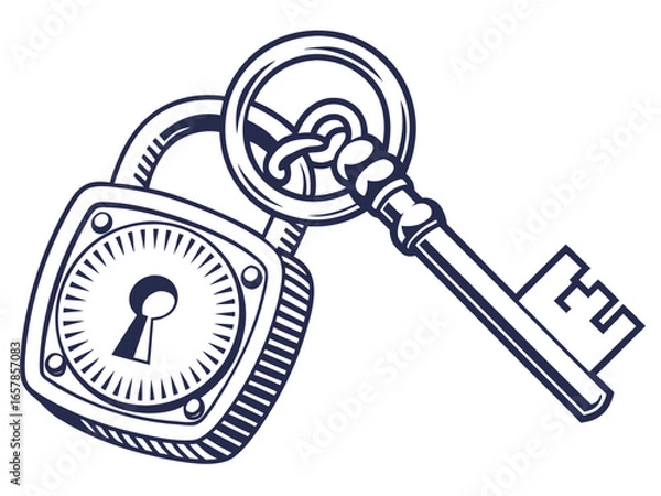 Fototapeta Vintage Key and Padlock, a symbol of security and secrets. A stylized, graphic illustration of an antique key and padlock, evoking a sense of security, secrecy, and history.