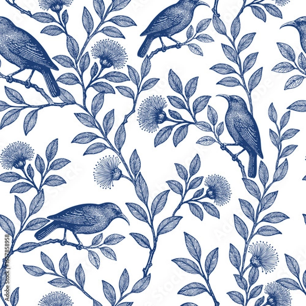 Fototapeta Blue birds on branches repeat across white, forming a clean, elegant nature-inspired floral pattern
