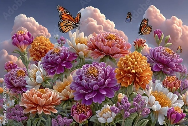 Fototapeta Vibrant flowers with butterflies scene high resolution picture