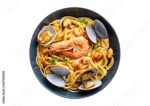 Fototapeta Seafood pasta top view full length no white color Isolated on transparent or white background