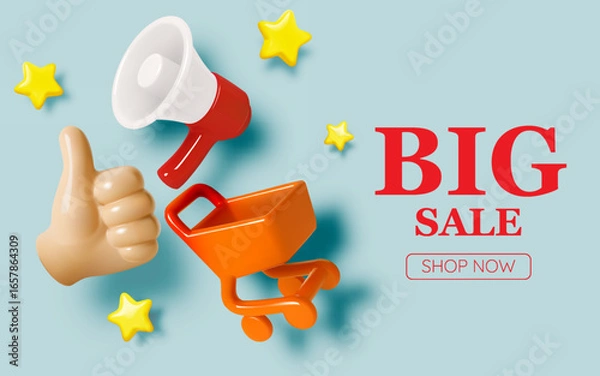 Fototapeta 3D Colorful Sale Banner with Shopping Cart, Bag, Lightning, and Megaphone Icons