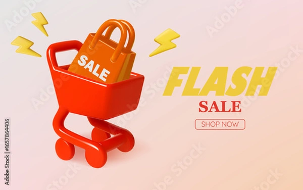 Fototapeta D Flash Sale Banner with Shopping Cart and Red Bag on Yellow Background