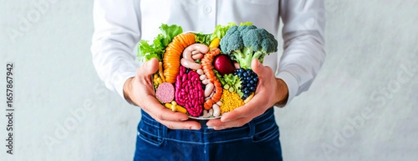 Fototapeta banner with a man or a woman holding a representation of digestive flora. The photo, a powerful symbol of gut health and wellness. gut health banner copy space
