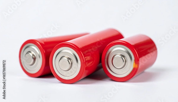 Fototapeta Red lithium ion batteries on light backdrop. Suitable for electrical devices and appliances.