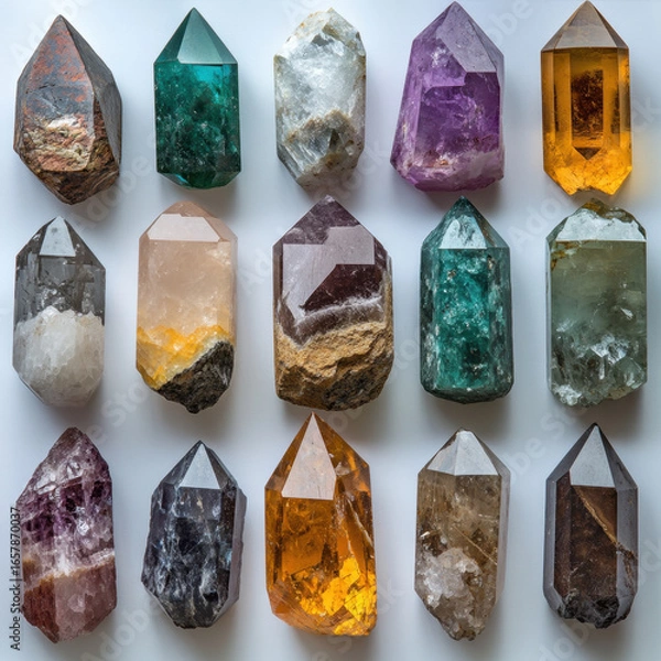 Fototapeta Collection of colorful crystal points arranged in rows, showcasing variety of hues including green, purple, orange, and brown. crystals are polished, reflecting light beautifully