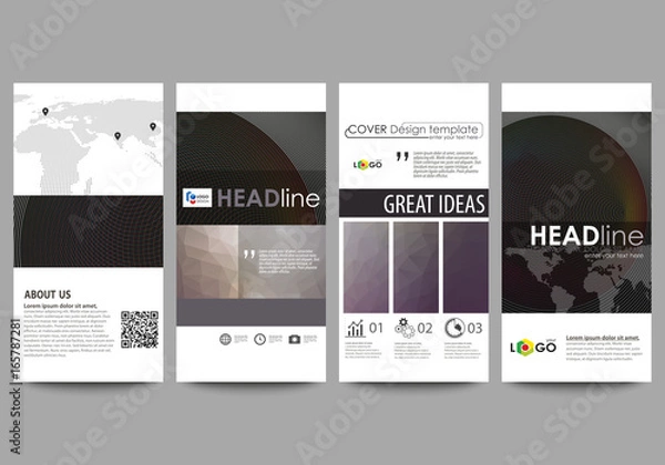 Fototapeta Flyers set, modern banners. Business templates. Cover design template, easy editable vector layouts. Dark color triangles and colorful circles. Abstract polygonal style background.