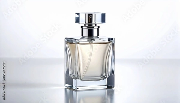 Fototapeta Clear glass perfume bottle with silver cap—elegant, geometric, and luminous; a vessel of allure, memory, and the invisible architecture of scent.