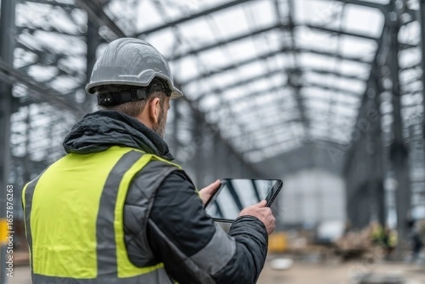 Fototapeta Construction worker using a tablet to monitor progress inside a large industrial warehouse