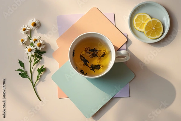 Obraz A white tea cup filled with warm yellow tea leaves, delicate daisies accompany the cup, adding a hint of natural beauty
